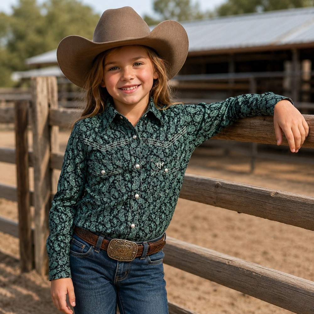 Cowgirl Hardware Girls Western Pearl Snap Shirt Paisley Turquoise Size‎ 6 NWT